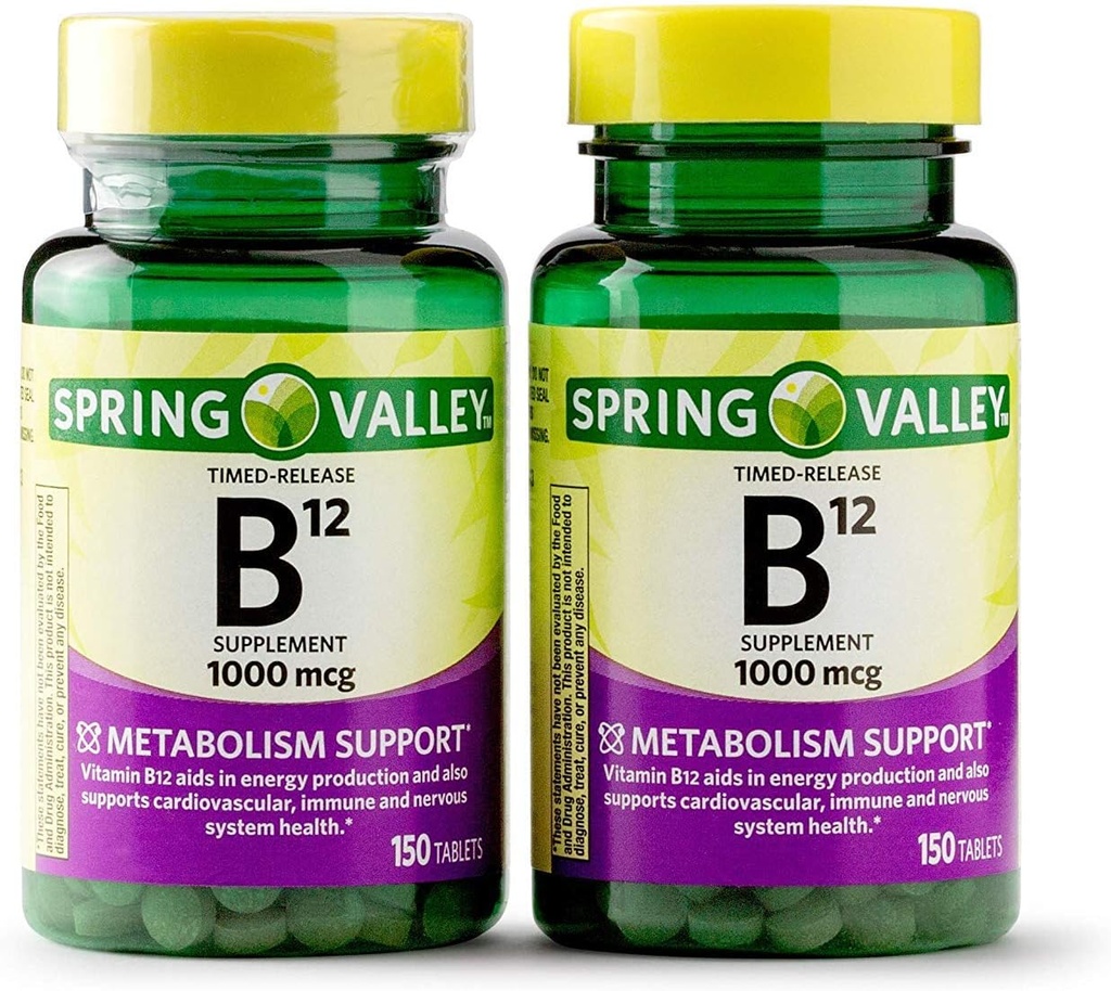 ויטמין עמק האביב B12 Timed לשחרר טבליות, 1000 mcg, 150 Count (Pack of 2, 300 Count Total) (150 (Pack of 2))