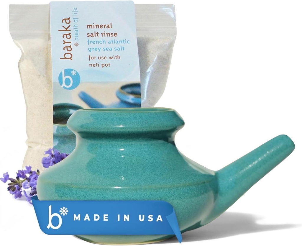 ברקה Neti Pot Tool Kit - Snoring & Saline פתרון, Handrated Ceramic Dishwasher בטוח עם 2oz מינרל ים מלח עבור Nose ניקוי & Sinus Rinse Perfect for Allergy Relief in Adults & Kids (Jade)