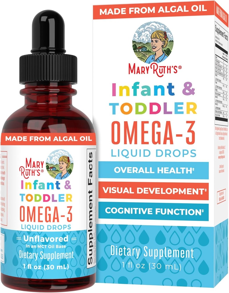 MaryRuth Organics Baby and Toddler אומגה 3 טיפות על ידי 200 מ"ג DHA ו- 2 מ"ג EPA Per Serve | כלל בריאות ופיתוח | Unflavored | 1 Fl Oz