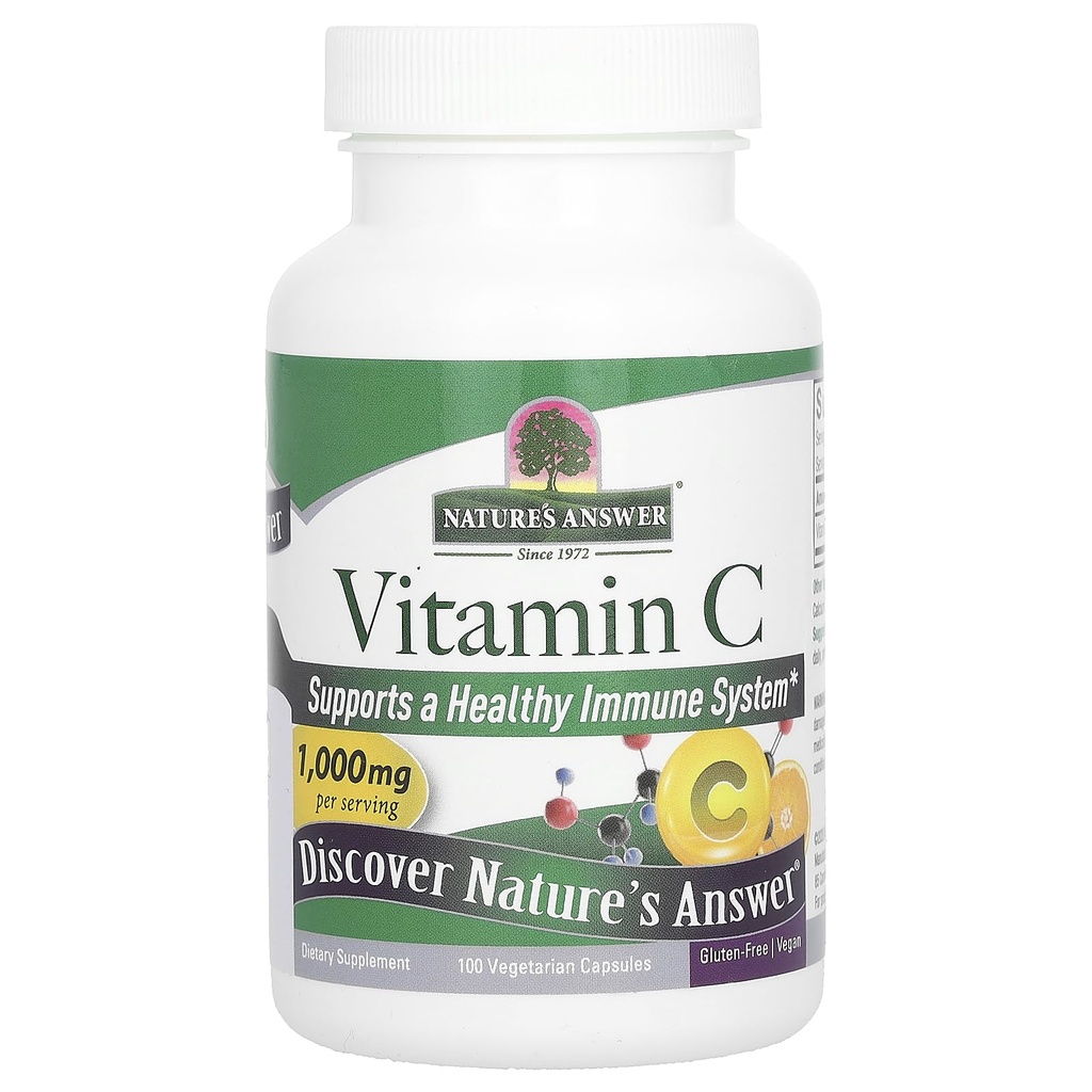Nature's answer ויטמין C כמוסות - תוספי תזונה טבעונית - Soy Free, Gluten Free - אידיאלי עבור תמיכה חיסונית בריאה - 1000 מ"ג (100 קפסולות)