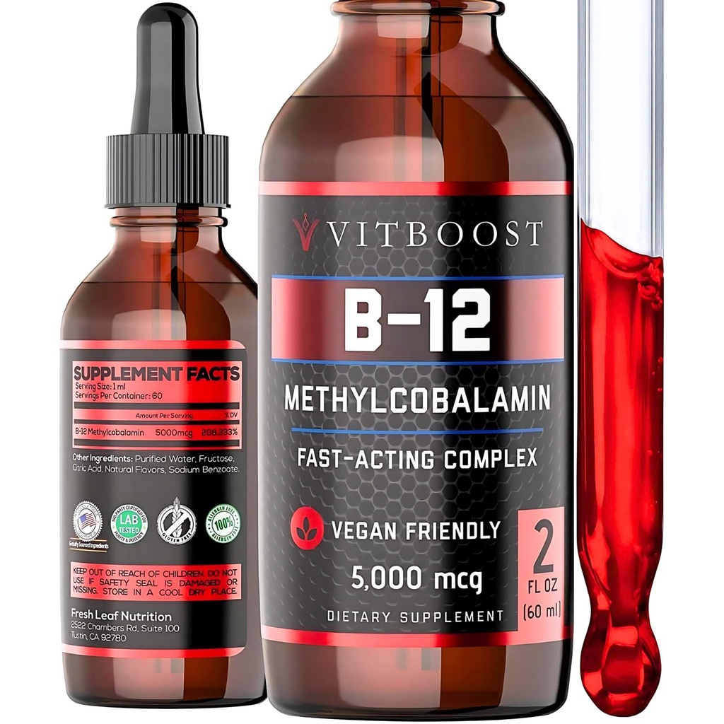 נוזל טבעוני B-12 טיפות - 60 x 5000 mcg תוספת כוח עודף פטל פלבדור ויטמין B12 נוזל Methylcobalamin sublingual תוסף; מיועד מקסימיזציה Absorption & Energy | Gluten Free Free Freeten