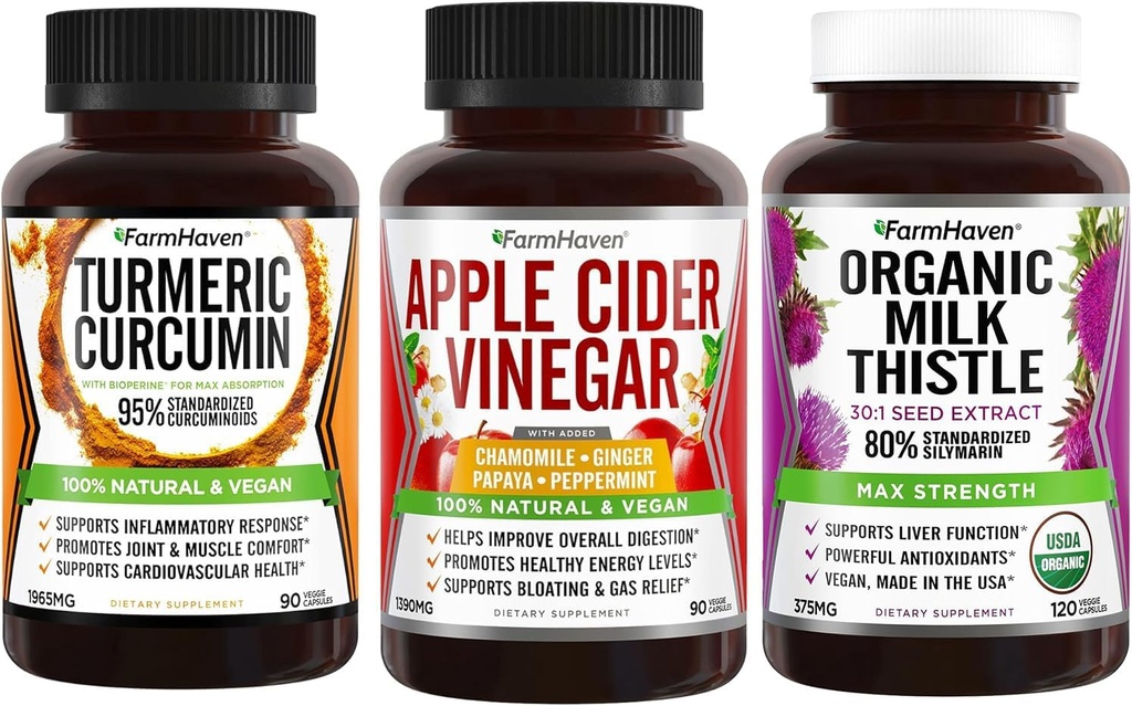 FarmHaven Turmeric Curcumin עם Black Pepper ו-Apple Cider Vinegar עם ג'ינג'ר ו- Milk Thistle