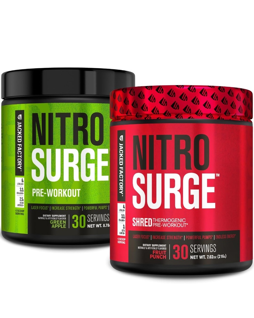 מפעל ג'ק Nitrosurge Pre-Workout in Green Apple & Fruit Punch Nitrosurge Shred Thermogenic Pre-Workout for Men & Women
