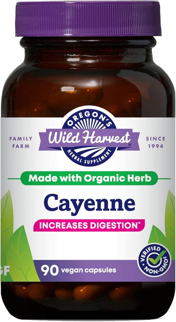 אורגון's Wild non-GMO Cayenne קפסולות, תוספי צמחים אורגניים, 90 הרוזן