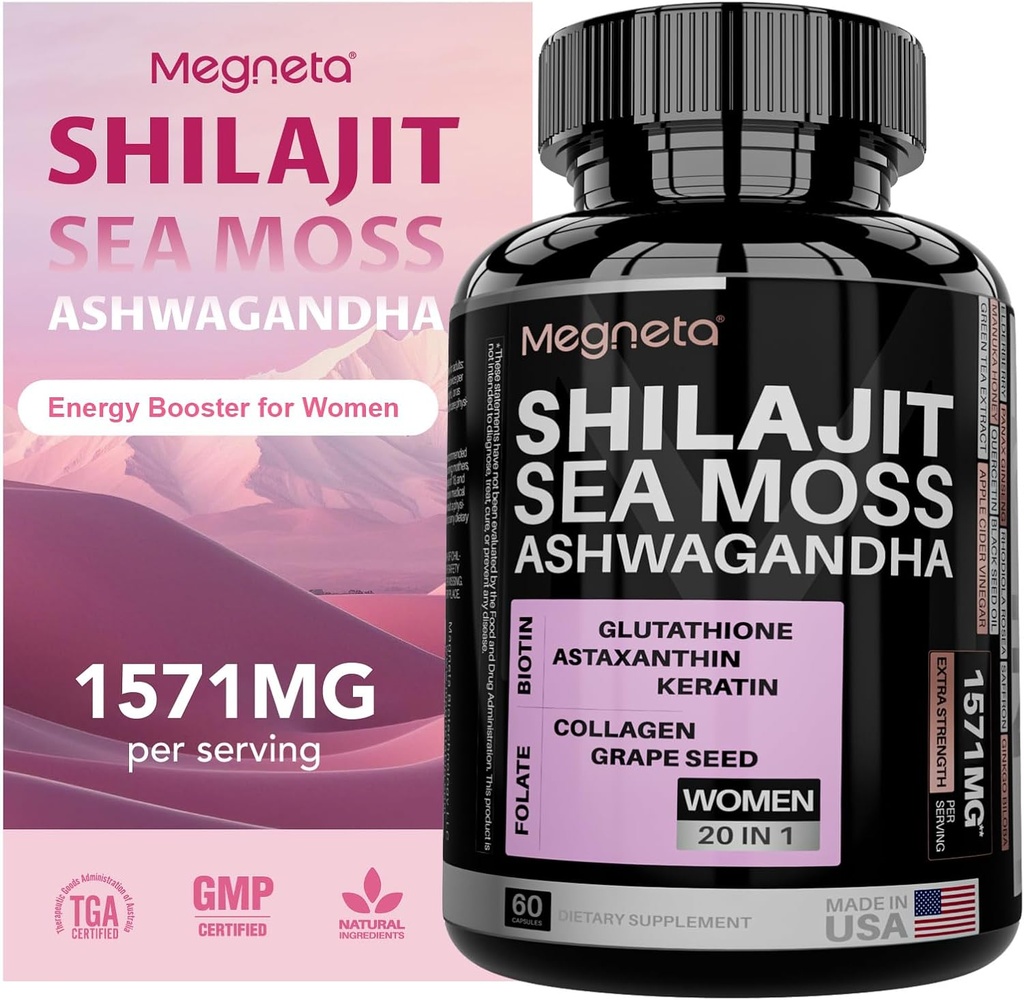 All-in-One Sea Moss, Shilajit, Ashwagandha & Glutione תוסף לנשים, Boosts Energy, 60 קפסולות