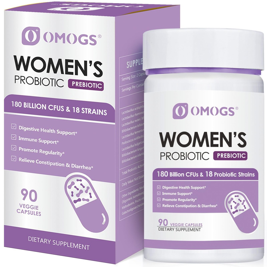 OMOGS Women's Probiotic 180 מיליארד CFUs 18 סטרינס, עם אורגני Prebiotics, Cranberry Extract, D-Mannose & Digestive Enzymes, for Digestive, Boost Immune, PH Balance & Urethral Health, 90 קפסולות