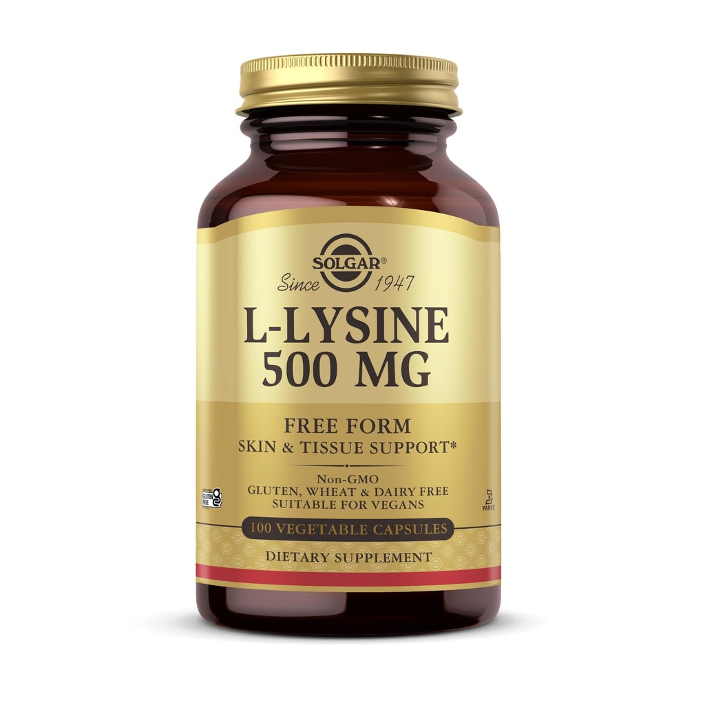 Solgar L-Lysine 500 מ"ג - 100 קפסולות ירקות - Skin & Tissue Support - Non-GMO, טבעוני, כשר, גלטן חינם - 100 משרתים