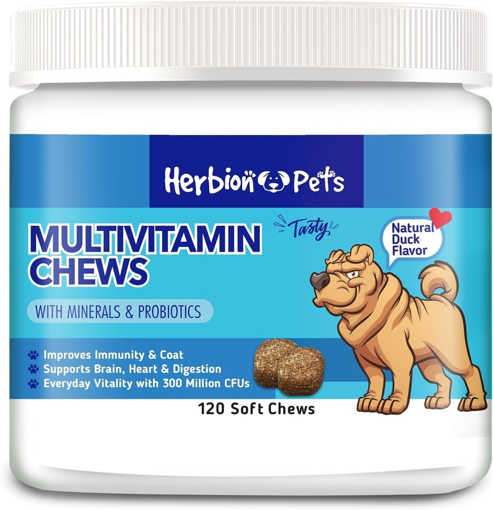 Herbion חיות Multivitamin Chews עם מינרלים ופרוביוטיקה, משפר את Immunity & Coat, תומך Digest, Brain & Heart Health, Delicious Natural Duck Flavor, כלבים ווויטמינים, Pack של 1