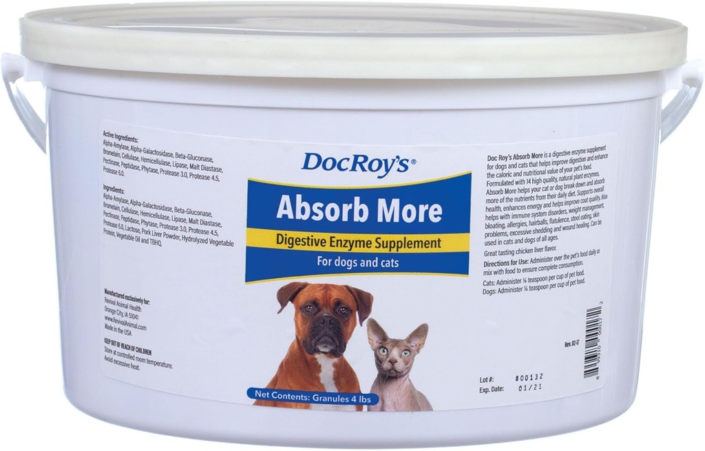 Doc Roy's Absorb More - תוסף Enzyme עבור כלבים וחתולים - 4lb Granules