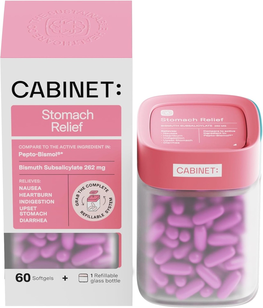 הקבינט: Stomach Relief Bismuth Subsalicylate 262 מ"ג, 60 Count | Anti-Diarrheal Relief for Upset Stomach, and Indigestion (Starter Kit)