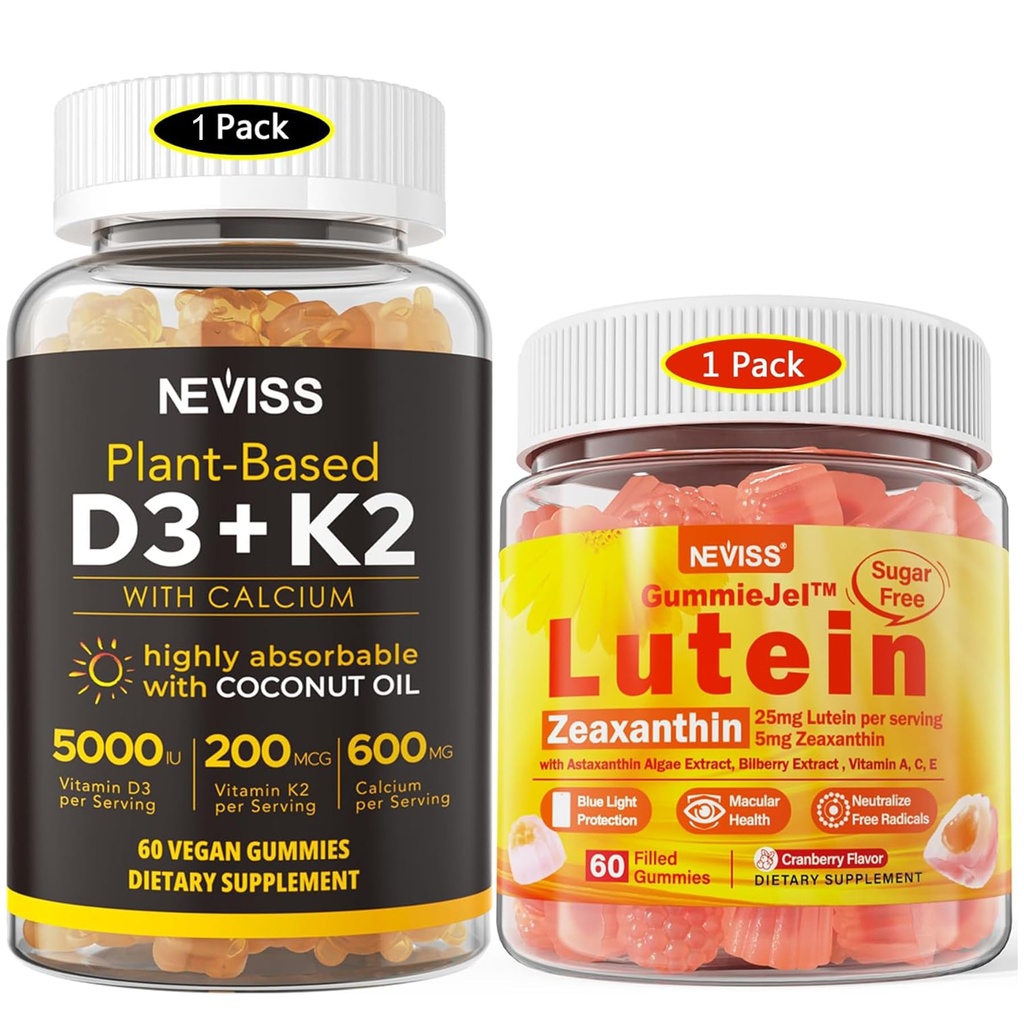 NEVISS סוכר חינם Lutein Gummies 60 Counts + ויטמין D3 חניכיים 60 Counts