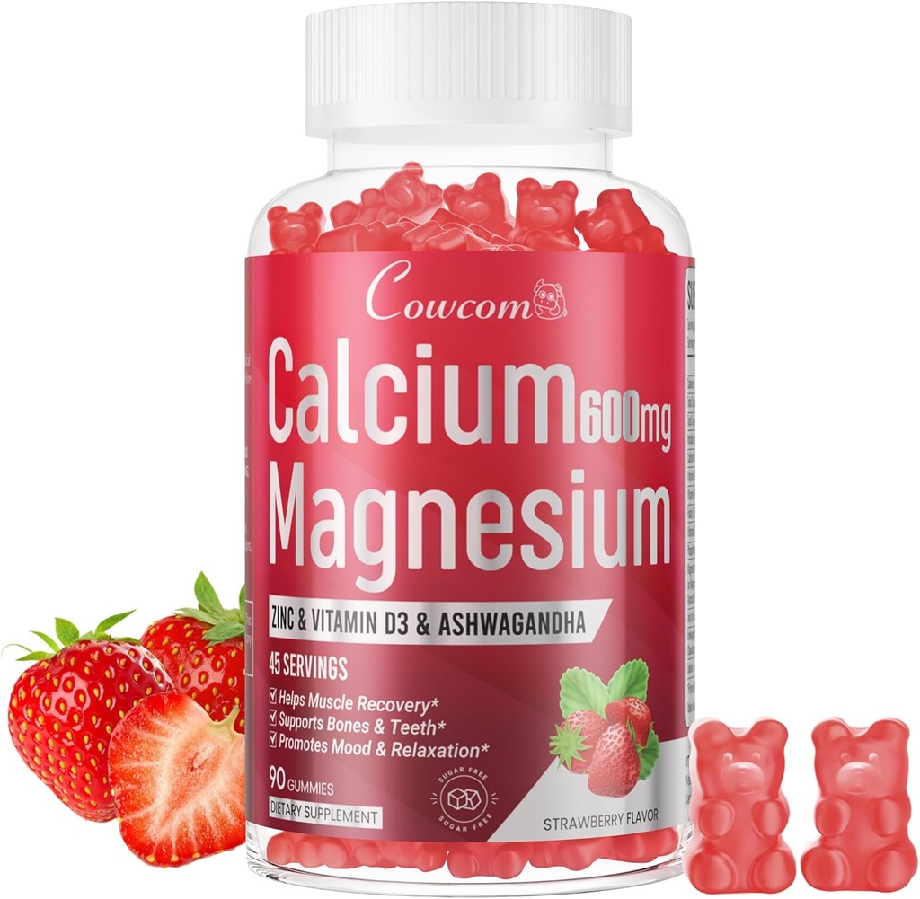 Calcium Magnesium Zinc Gummies & ויטמין D3,B6,B12,Immune & Supporting Bone Health Calcium Magnesium עבור נשים, Sugar-Free Vegan Strawberry פלמור 90 Counts