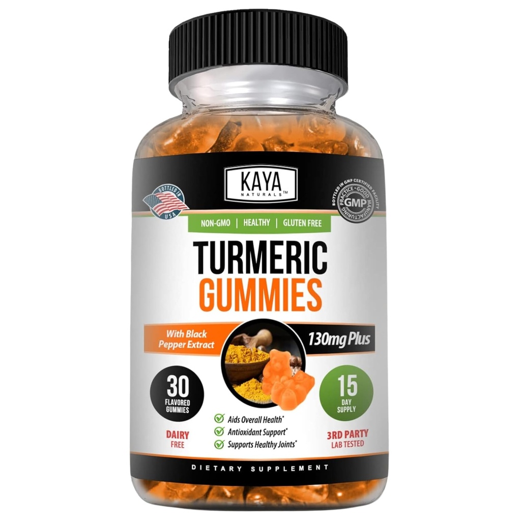 Kaya Naturals Turmeric Supplements Gummies - Pure Nature Turmeric Curcumin - חניכיים ג'ינג'ר - 30 Count Gummy - Turmeric with Black Pepper