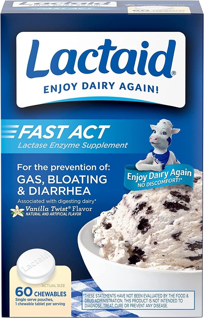Lactaid Fast Act Lactose Intolerance הקלה צ'ואנס עם Lactase Enzyme כדי למנוע גז, Bloating & Diarrhea בשל LactoseS רגישות, Ideal for Travel & On-the-Go, Vanilla Twist, 60 Packs of 1-ct.(5pk)