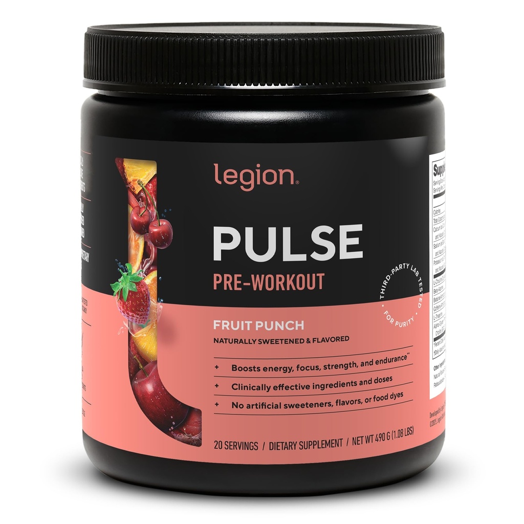 LEGION Pulse Pre Workout תוסף - All Natural Nitric Oxide Preworkout Drink to Boost Energy, Creatine Free, Sweetened, Alan Betaine, Citrulline, Alpha GPC (Fruit Punch)