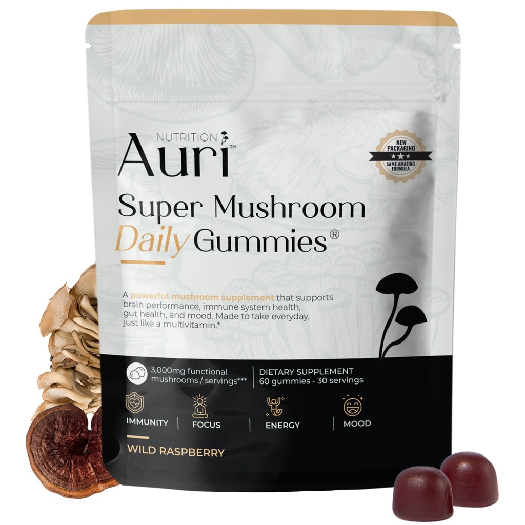 Auri Super Mushroom Daily Gummies - All-in-One Daily Mushroom תוספת מסטיקמי - 12 Mushroom בלנדר עם Chaga, Lions Mane, Reishi, Cordyceps - 60 חניכיים
