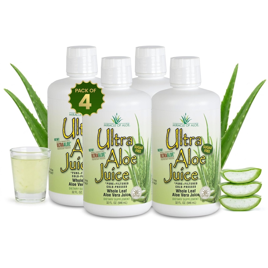 נס של Aloe Ultra Aloe Vera Juice, 1 Qt. 4 Pack, Whole Leaf, Pure, מסונן, מוסמך לתוכן וטוהר (Gallon)