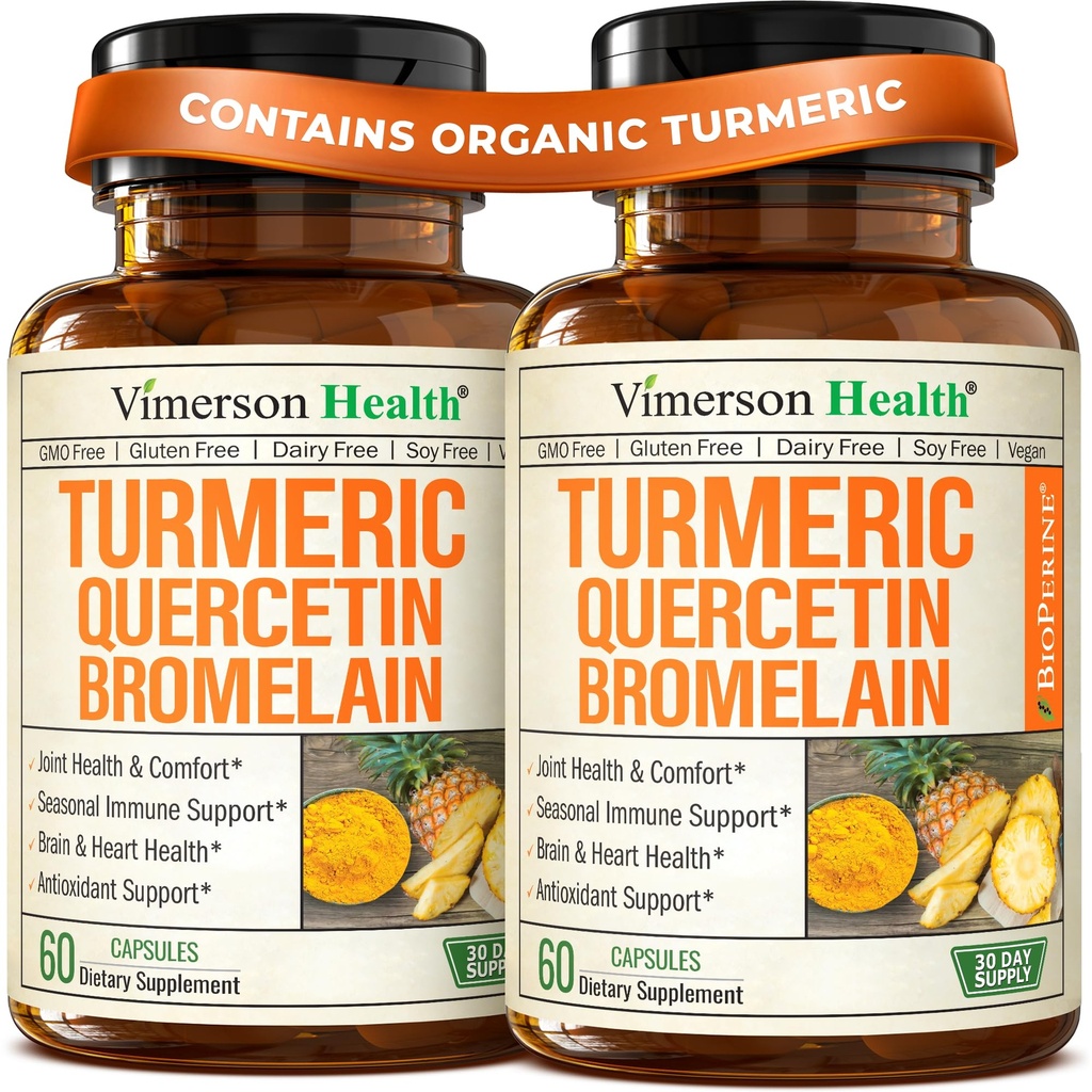 Quercetin with Bromelain Turmeric Curcumin תוסף - Allergy Relief, Joint & Immune Support - תוספת אורגנית Turmeric עם Black Pepper (Bioperine) - Quercetin 500 מ"ג קפסולות 2 Pack