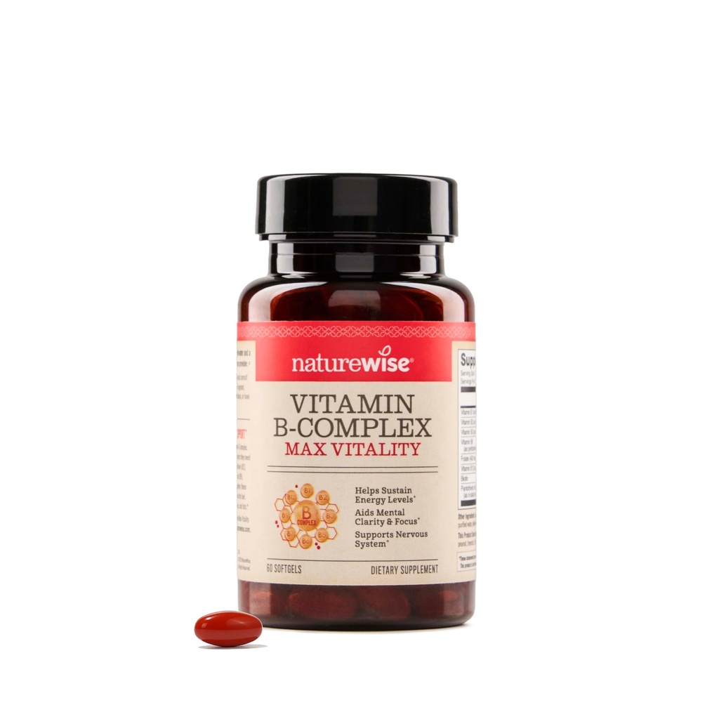 NatureWise ויטמין B Complex for Women and Men - עם Folic Acid Biotin B1 B2 B3 B6 B12 - תמיכה באנרגיה סלולרית וקלילות נפש - Gluten & free, non-GMO - 60 Softgels[2-Month Supply]