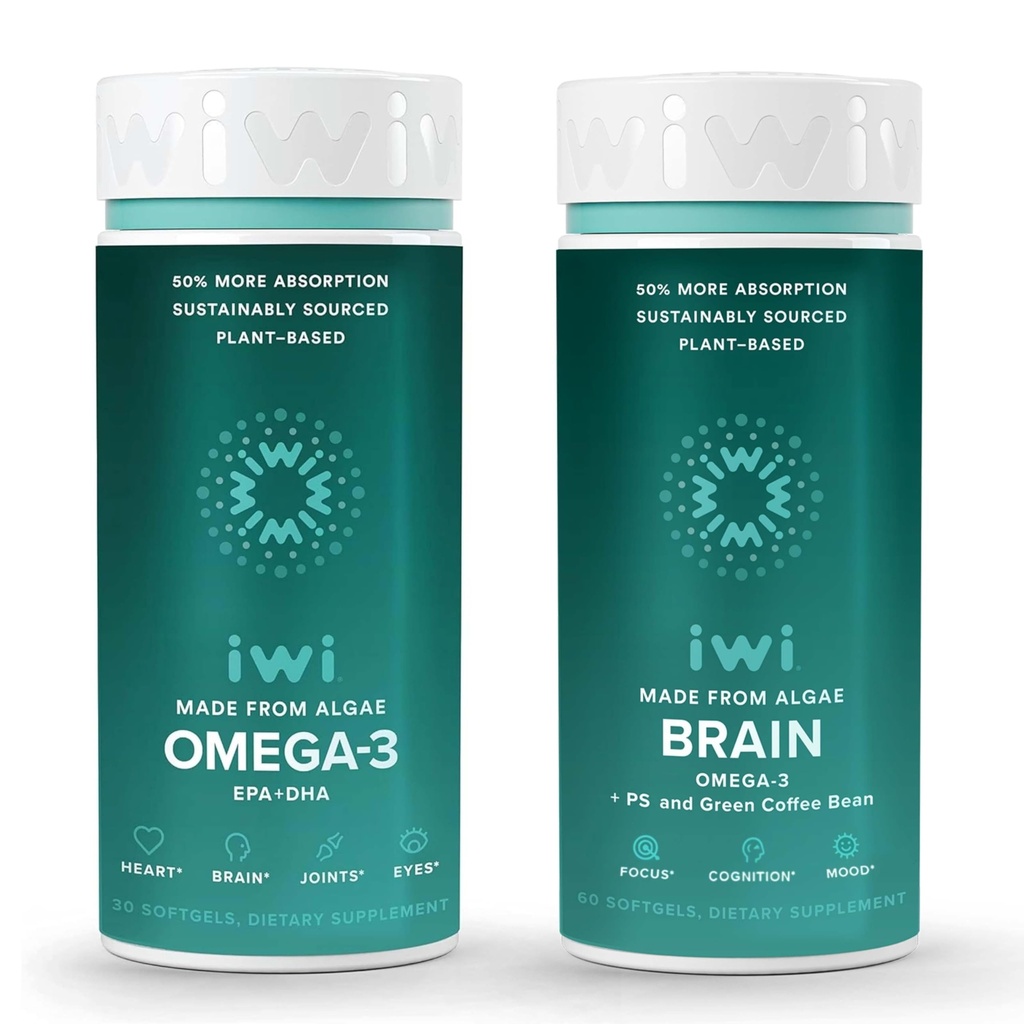 Iwi אומגה 3 & Brain אומגה 3 Bundle, 30 משרתים, טבעוני צמחי מבוסס אלגה אומגה 3 עם EPA + DHA, קריל & Fish שמן אלטרנטיבי, No Fishy Aftertaste