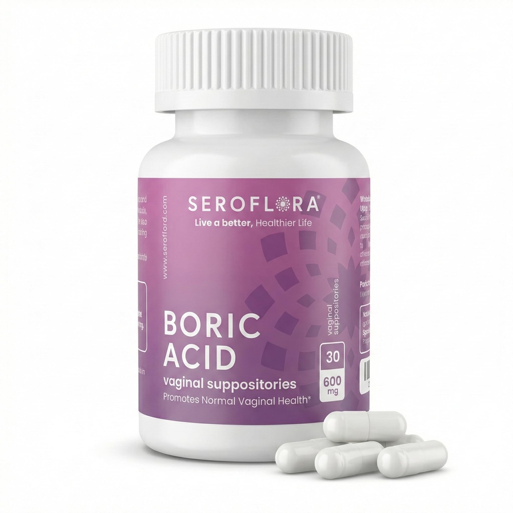 Seroflora Boric Acid Vaginal Suppositories 600 מ"ג 30 קפסולות - Boric Acid Pills for Women - Vaginal Health pH Balance for Women - תומך בשליטה Vaginal Odor. מיוצר בארה"ב.
