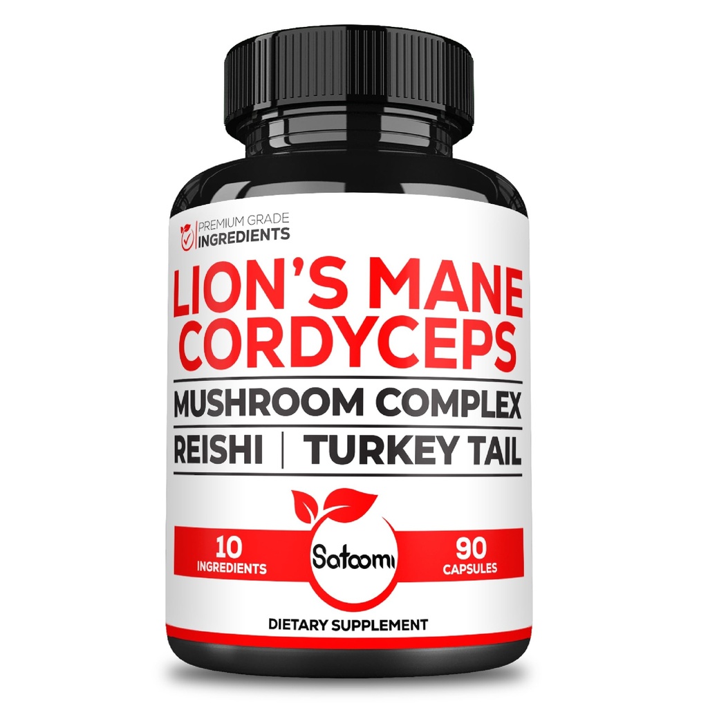 Satoomi 10in1 Cordyceps Mushroom - מעורב עם Lions Mane, טורקיה Tail Mushroom, Reishi Mushroom & אחרים - 90 קפסולות עבור 90 לשרת אספקה
