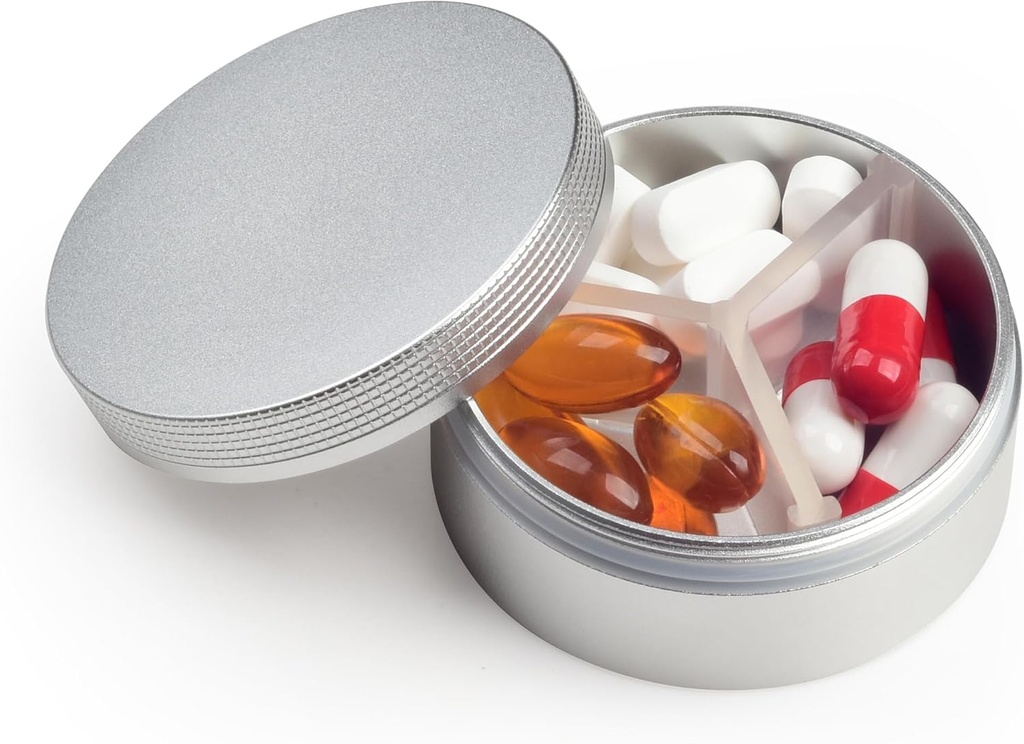 Small Pill Case 3 השוואתיות, Metal Round Portable Pill Box, Waterהוכחות Travel Pill Organer, Pocket Purse Medicine Holder EDC Container (Silver)