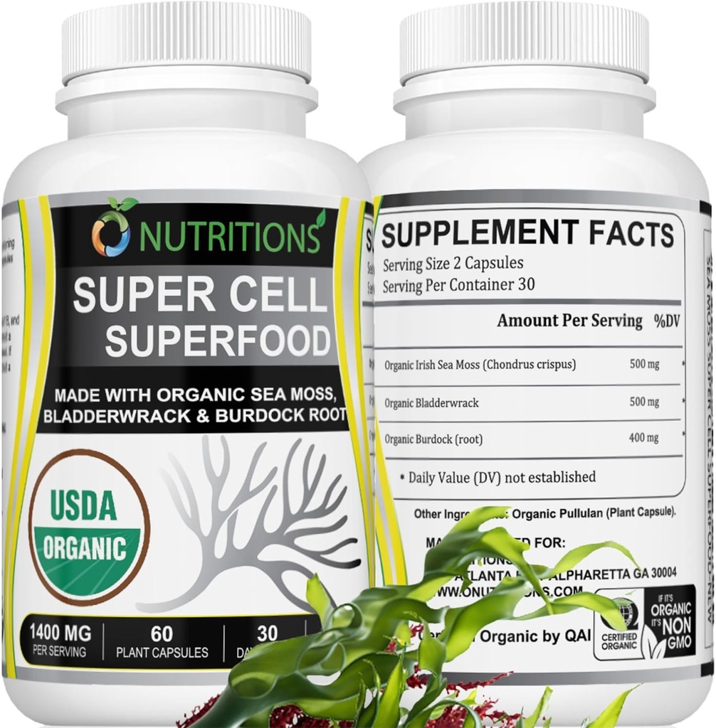 Sea Moss 60 קפסולות USDA מוסמך אירי הים Mosss קפסולות עם Bladderwrack & Burdock Root - Immune Support for Men and Women - Womens ויטמינים ו- Mens ויטמינים (1 Pack)