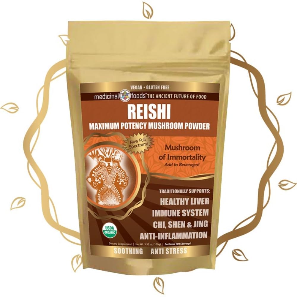 מדיצ'י מזון Reishi Mushroom אבקה - הכדאיות הגבוהה ביותר, Full-Spectrum, Soothing, Anti-Stress, For Smoothies & Tea, Organic, Non-GMO, Gluten-Free (100 מנות)