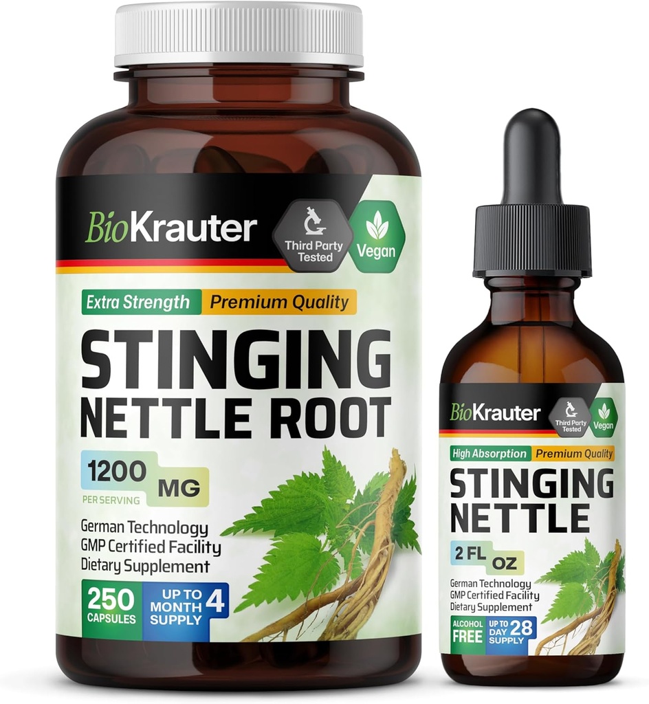 BIO KRAUTER Sting Nettle 250 כמוסות & Sting Nettle Tincture 2 Fl. Oz.