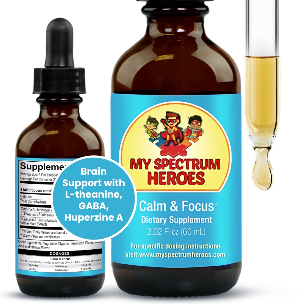My Spectrum Heroes Calm & Focus תוספים - תמיכה במוח עם L-theanine, GABA, Huperzine A - Enhance Focus for Kids or Adults - Boost Concentration for Kids & Teens - 2.02 FL oz.