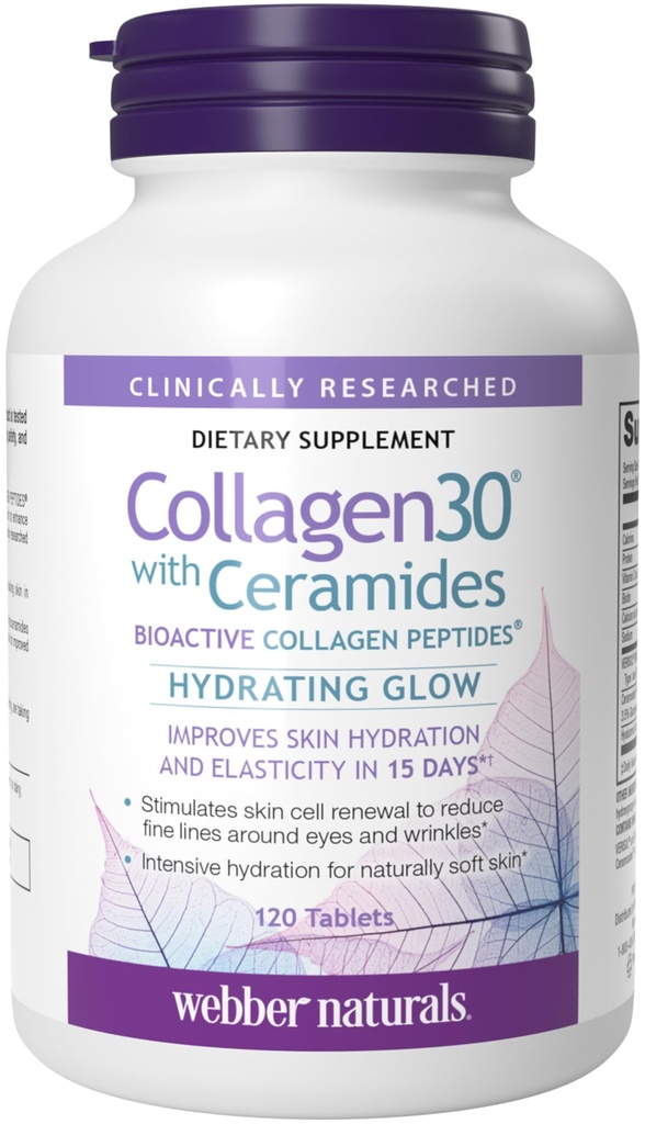 Webber Naturals Collagen30 עם Ceramides, Bioactive Collagen Peptides, 120 טבליות, הידרינג Glow, מסייע לשפר את הפחתת העור, אלסטיאלטי ו- Smoothness, non GMO, חלב וגלוט חינם חינם
