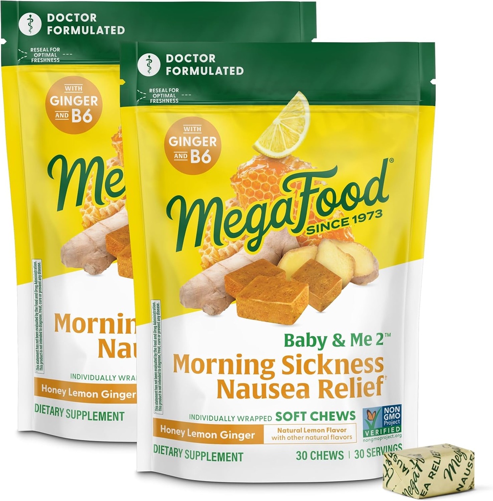 Mega Food Baby & Me Prenatal Morning Diseaseness הקלה, ג'ינג'ר צ'אדס, עם ויטמין B6, Made Without 9 Food Allergens, Honey Rambla Flavor, 30 צ'אדות (Pack of 2)