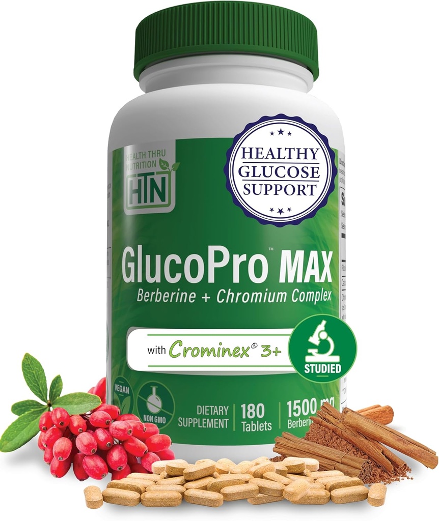 בריאות Thru Nutrition GlucoPro מקס - עם 1,500 מ"ג ברברין, Chrominex + Chromium, ו 1000 מ"ג Cinnamon | טבעוני, Non-GMO, Gluten Free | חבילת 180 של 180