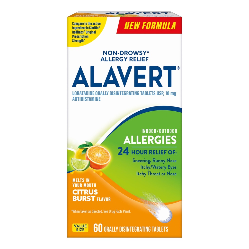 Alavert Allergy 24 Hour הקלה, Citrus Burst Flavor, Orly Disintegrating Allergy Tablet, non-drowsy Antihistamine, Loratadine 10mg, 60 Count Count
