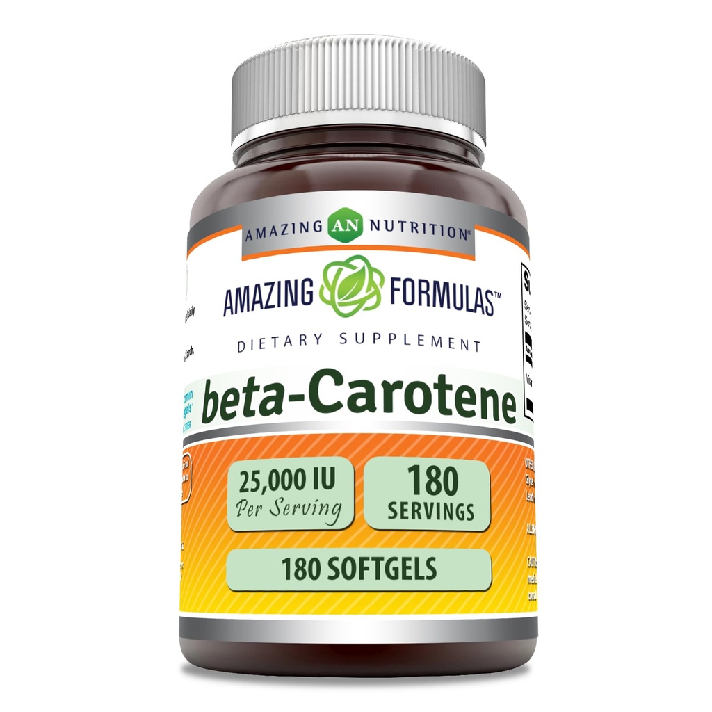 פורמולות מדהימות Beta-Carotene תוסף | 25000 IU לשרת | 180 Softgels | Non-GMO | Gluten-Free | Made in USA