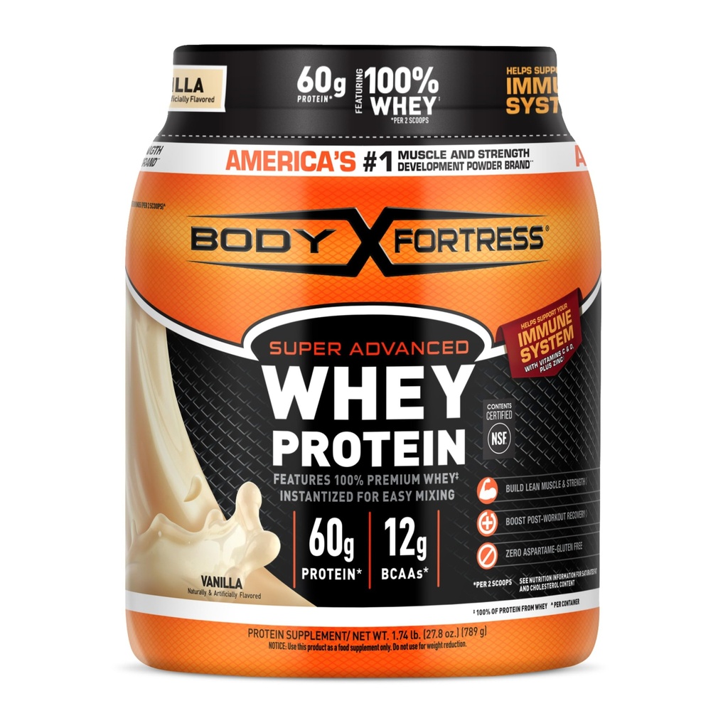 גוף מבצר Super מתקדם אבקת חלבון Whey, Vanilla, Immune Support (1), ויטמינים C & D Plus Zinc, 1.74 lbs