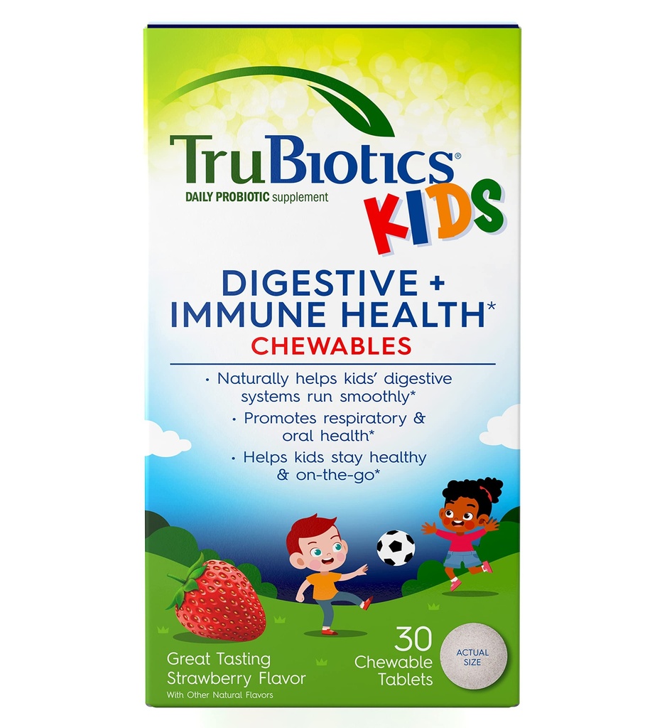 TruBiotics Probiotics for Kids Digestive & Immune Health Support, ילדים ללא סוכר פרוביוטיים כדי לעזור לשמור על Tummy בריא, טבעי סטרוביפור, 30 טבליות