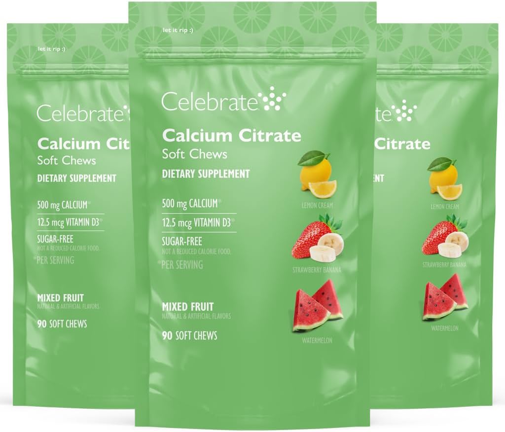 חוגגים ויטמין Bariatric 500 מ"ג Calcium Citrate Chews עם 500 IU ויטמין D3 - Essential for Gastric Bypass חולים & Bone Health - Sugar & Gluten Free, פירות (270 צ'ות)