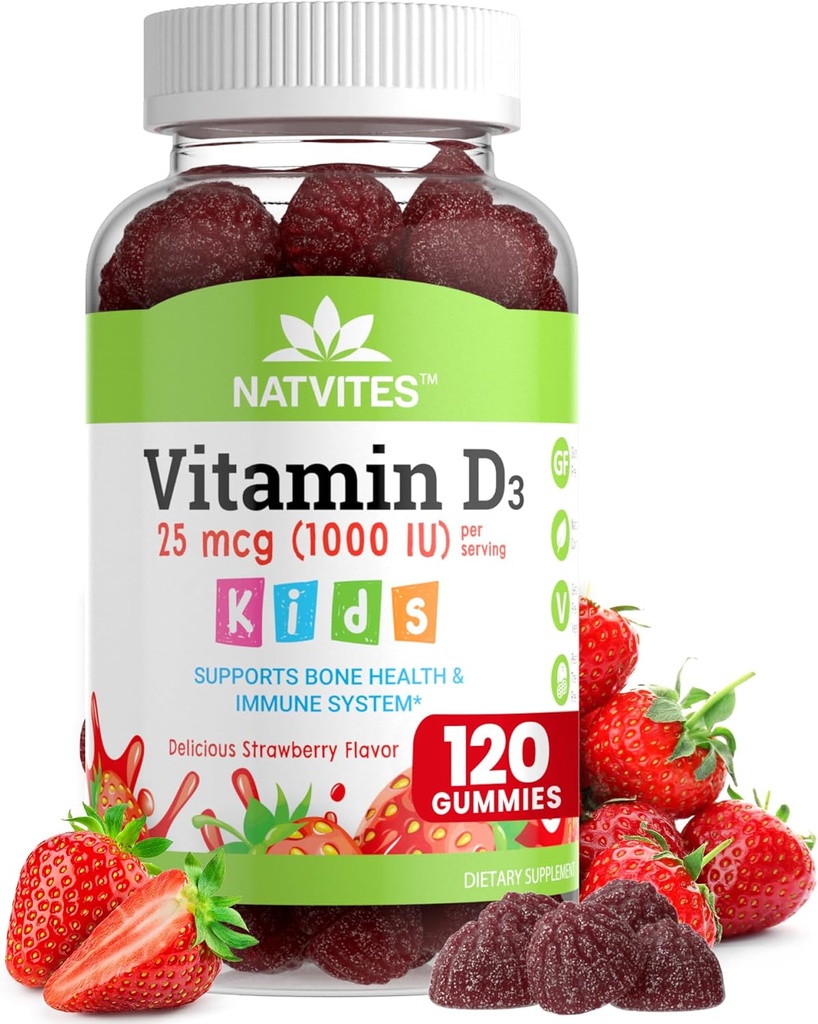 ויטמין D3 Gummies לילדים - ויטמין D 1000 IU Pectin Gummy - Strawberry Flavored - בריאות העצם ו- Immune תמיכה תוספת - non-GMO, Gluten Free, טבעוני, Nut & חלב חינם - 120 הרוזן (Pack of 1)