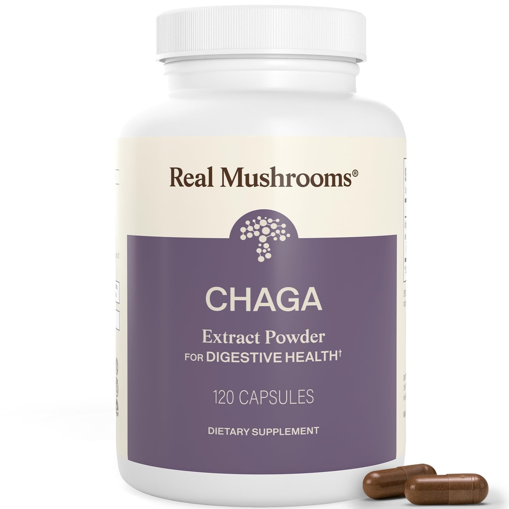 Real Mushrooms Chaga Mushroom קפסולות - אבקת צ'אגה אורגנית עם אבקת חילוף עבור בריאות ואנרגיה תמיכה - טבעוני, non-GMO, 120 קפסולות - תוספי Mushroom אורגני
