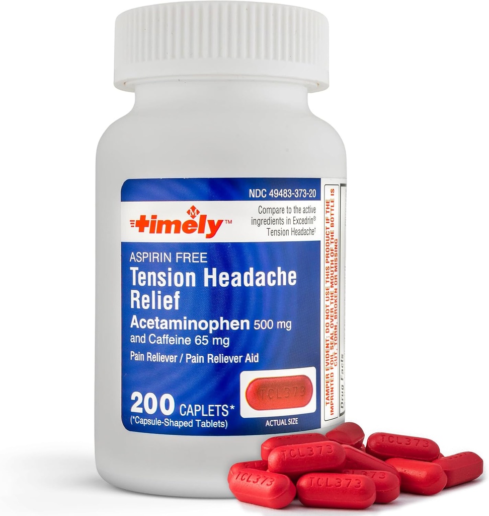Timely - 200 Caplets - Tension Headache and Pain Reliever with Acetaminophen 500 מ"ג וקפאין 65 מ"ג כוח נוסף עבור ראש, צוואר, Shoulder ו- Body Pain Reliever, Aspirin Free - מיוצר בארה"ב