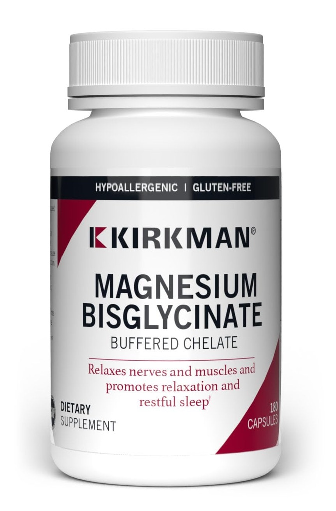קירקמן - Magnesium Bisglycinate Buffered Chelate - 180 קפסולות - מרגיע עצבים ושרירים - מקדם שינה שקטה - Hypoallergenic
