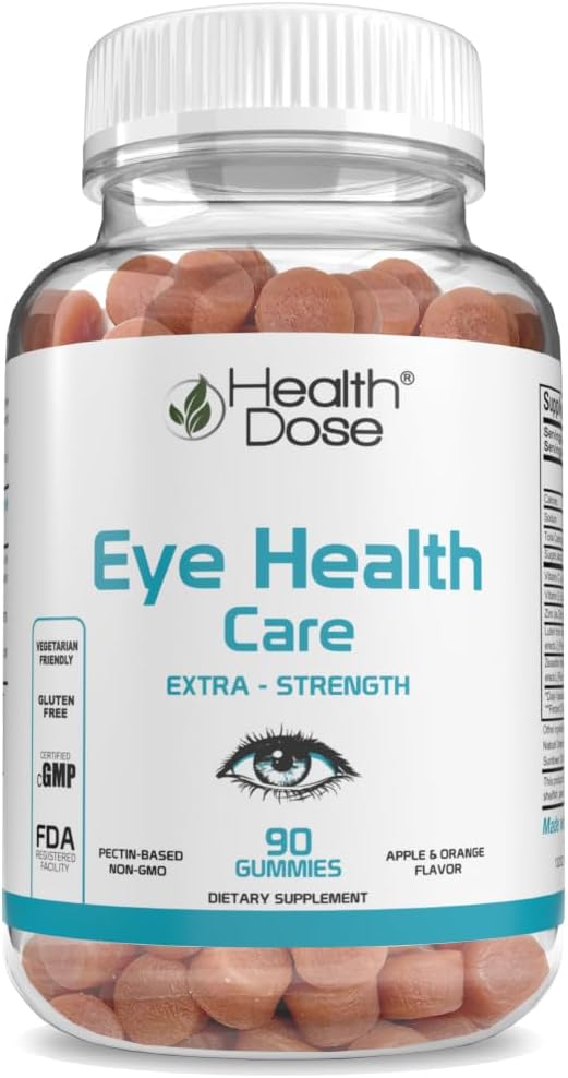 בריאות Dose Eye Health Care ויטמינים עם Lutein Zeaxanthin תמיכה העין סטרין, עיניים יבשות וביצוע חזותי Apple & Orange Flavor 90 חניכיים.