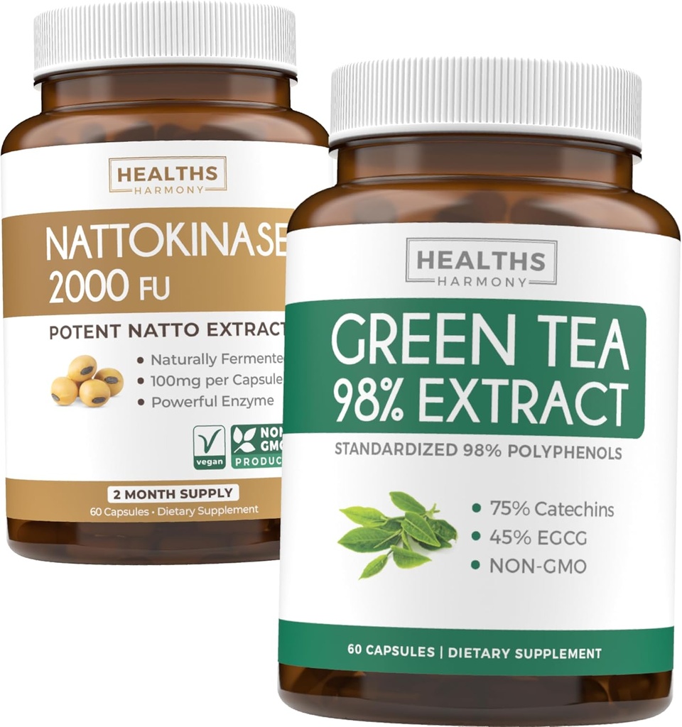 Nattokinase & Green Tea (1-Month אספקת) אנרגיה Boost Bundle - Nattokinase 2000 FU Powerful באופן טבעי פורה Soybeans (60 Caps) & Green Tea Extract with EGCG (Non-GMO) Natural Metabolism Boostmented Soybeans (60 Caps) & Green Tea Extract with EGCG (Non-GMO)