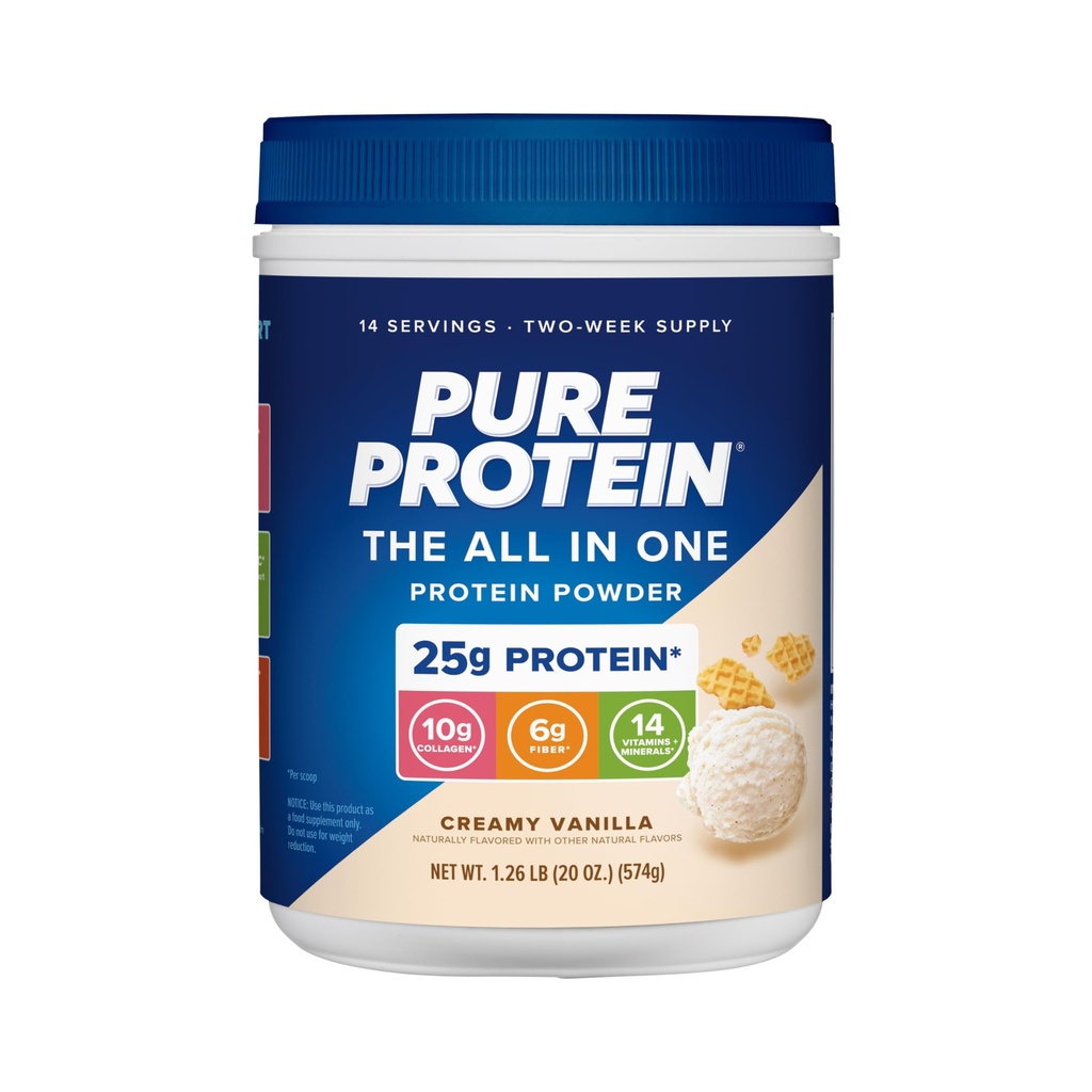 חלבון טהור All-In-One אבקה, וניל - Whey & Collagen, סיבים גבוהים, ויטמינים, לא תוספת סוכר, non-GMO, Gluten-Free, 1.25lb