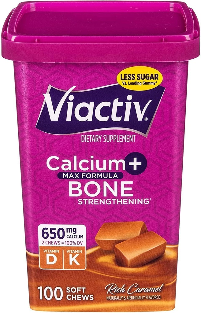 Viactiv מקס פורמולה Calcium +Vitamin D3 תוספת לבריאות העצם, ריצ' קארמל, 100 צ'יפס רך