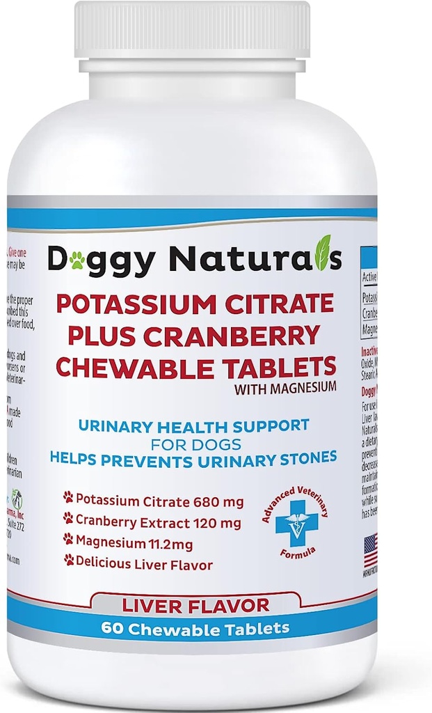 Potassium Citrate Plus Cranberry עם תוסף מגנזיום לכלבים (60 טבליות) - תמיכה בטרינרית - עוזר Deter Formation of Calcium Oxalate Stones-Deters Bladder & Kidney Stones (Made in U.S)