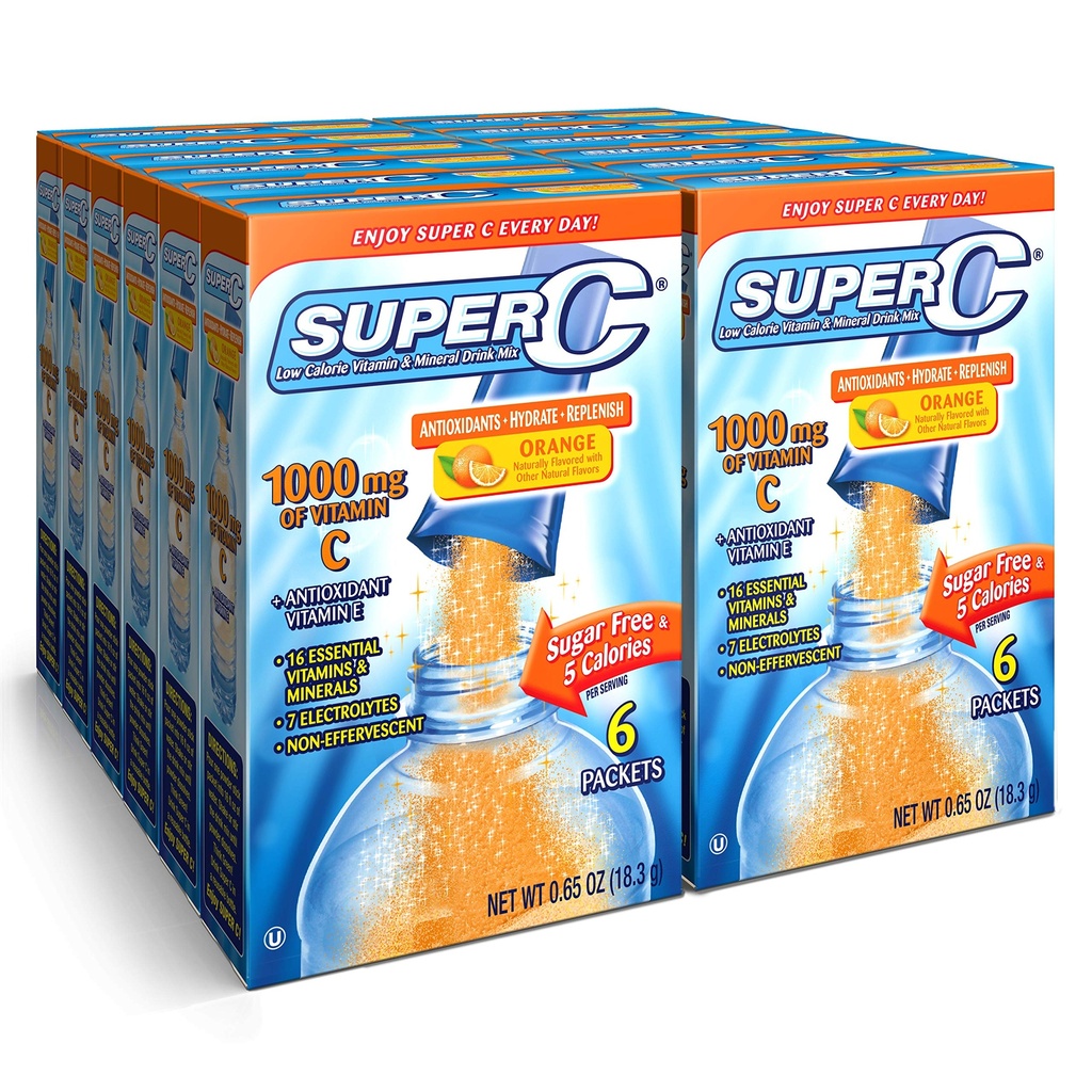 Super C ויטמין & מינרלים Drink Mix, Orange, 6 CT Singles to Go, Pack of 12 (72 Total Packets)