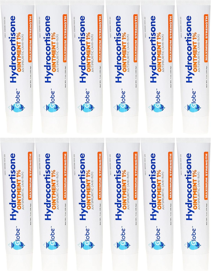 Globe Hydrocortisone 1% כוח מקסימלי Transud Ointment 1 oz | Anti-Itch Ointment for Redness, Swelling, Itch, Rash, Dermatitis, באג /Mosquito Bites, אקסמה, טחורים ועוד (12 Pack)
